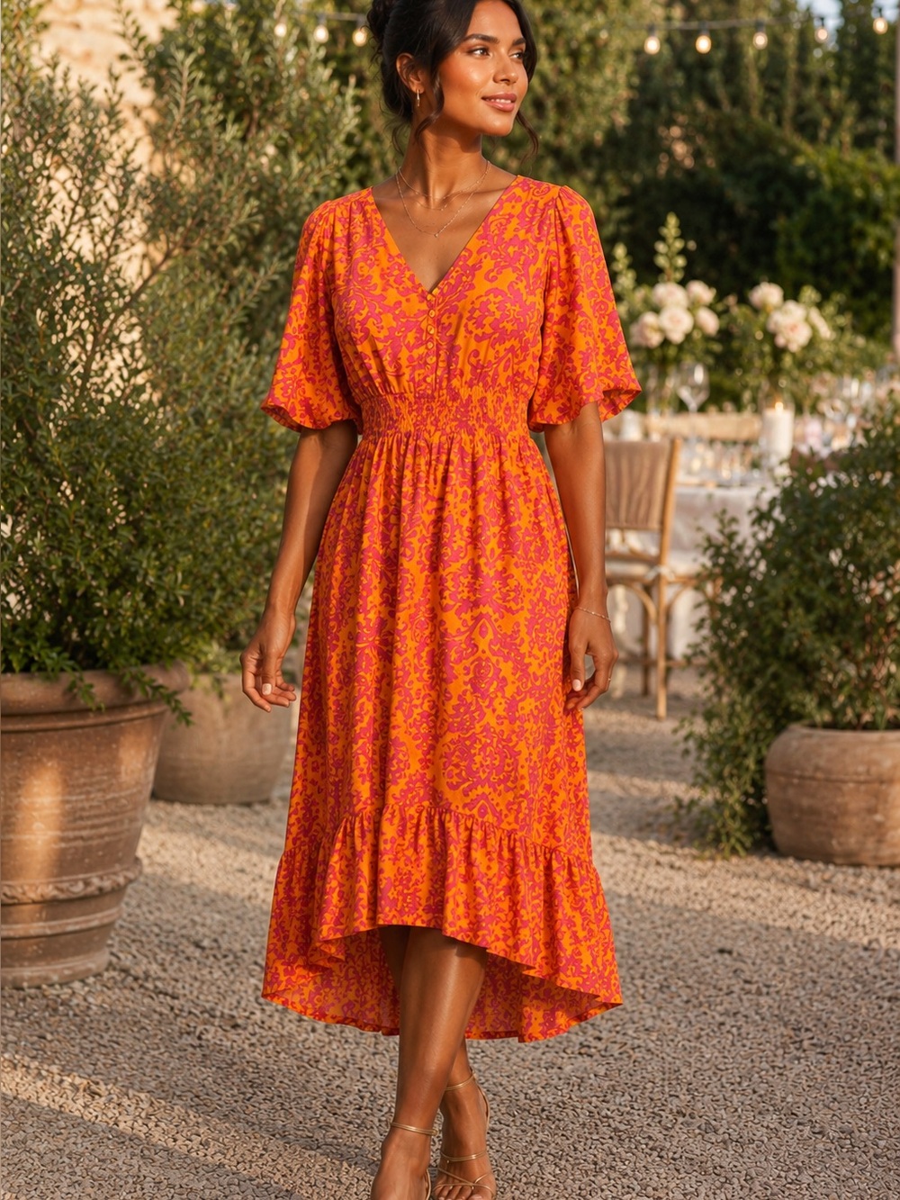 Abel the Label Orange Pink Paisley Midi Dress Smocked Waist Flutter Sleeve S